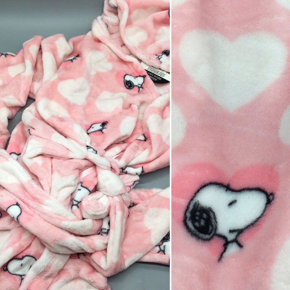 Peanuts Hooded Bath Robe Snoopy Pink White Hearts Wedding Berkshire L/XL